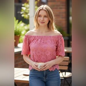 WHBM Scalloped Lace Bardot Top in Dusty Rose | Boho Chic | Size 4 EUC
